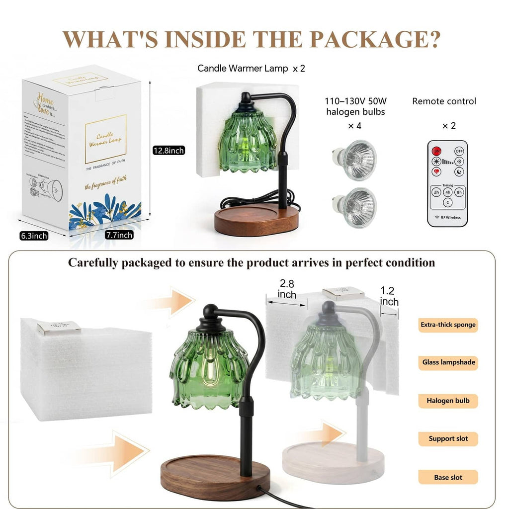 Candle warmer lamp 2-pack box contents with green glass lamps, remote controls, parts.