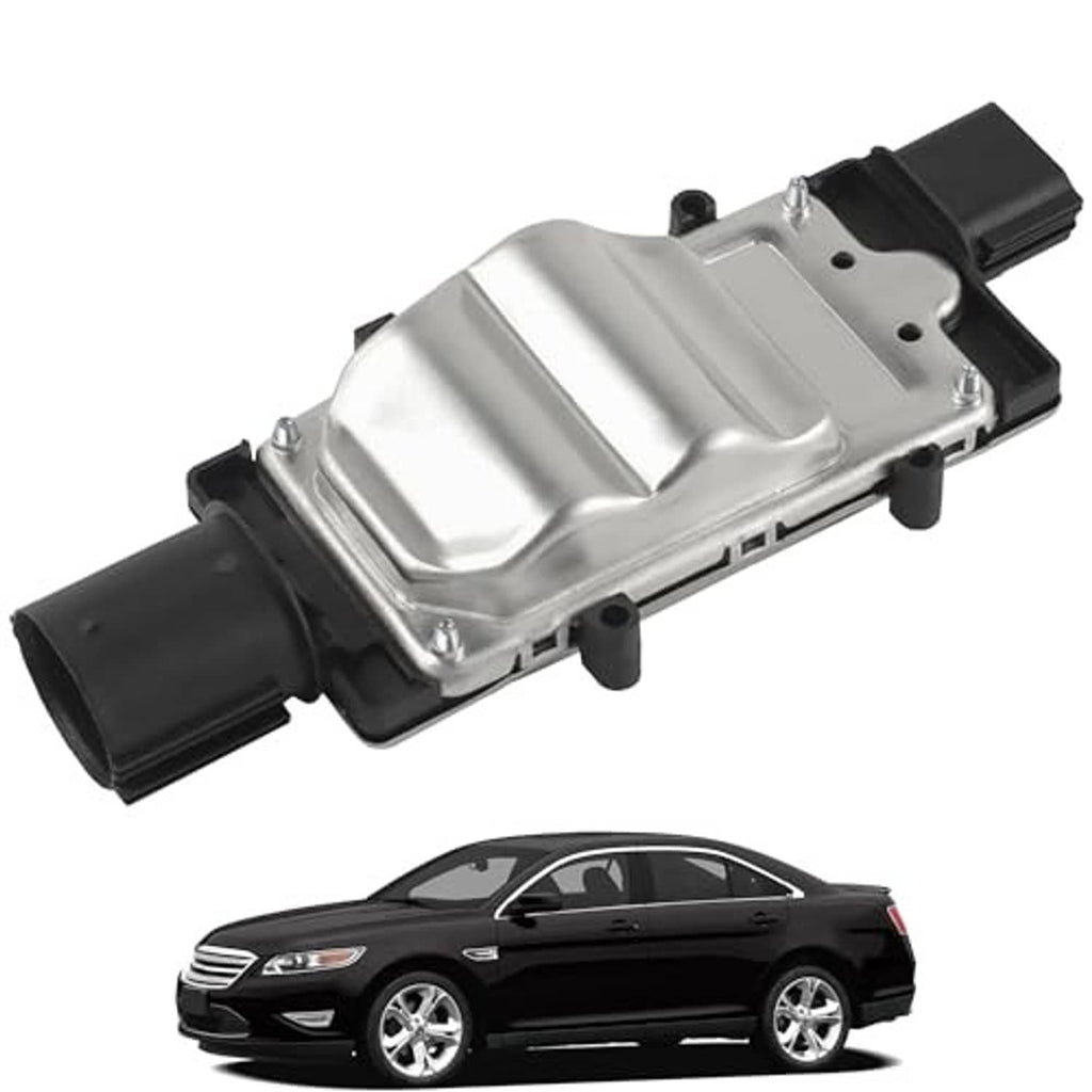 Radiator fan control module, silver housing with black plug connectors, angled view