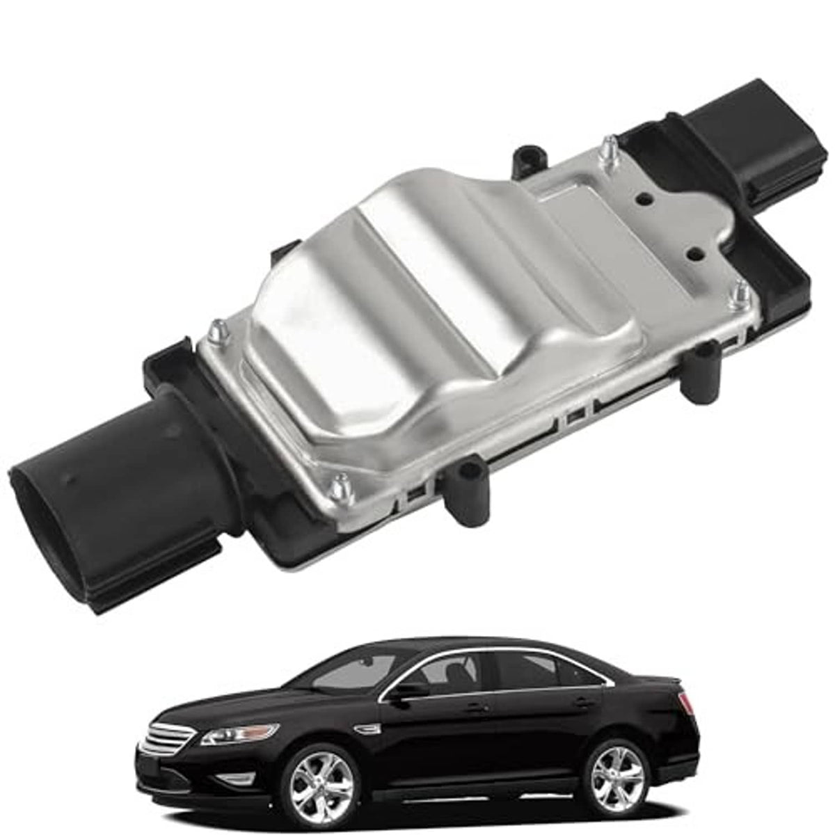 Radiator fan control module, silver housing with black plug connectors, angled view