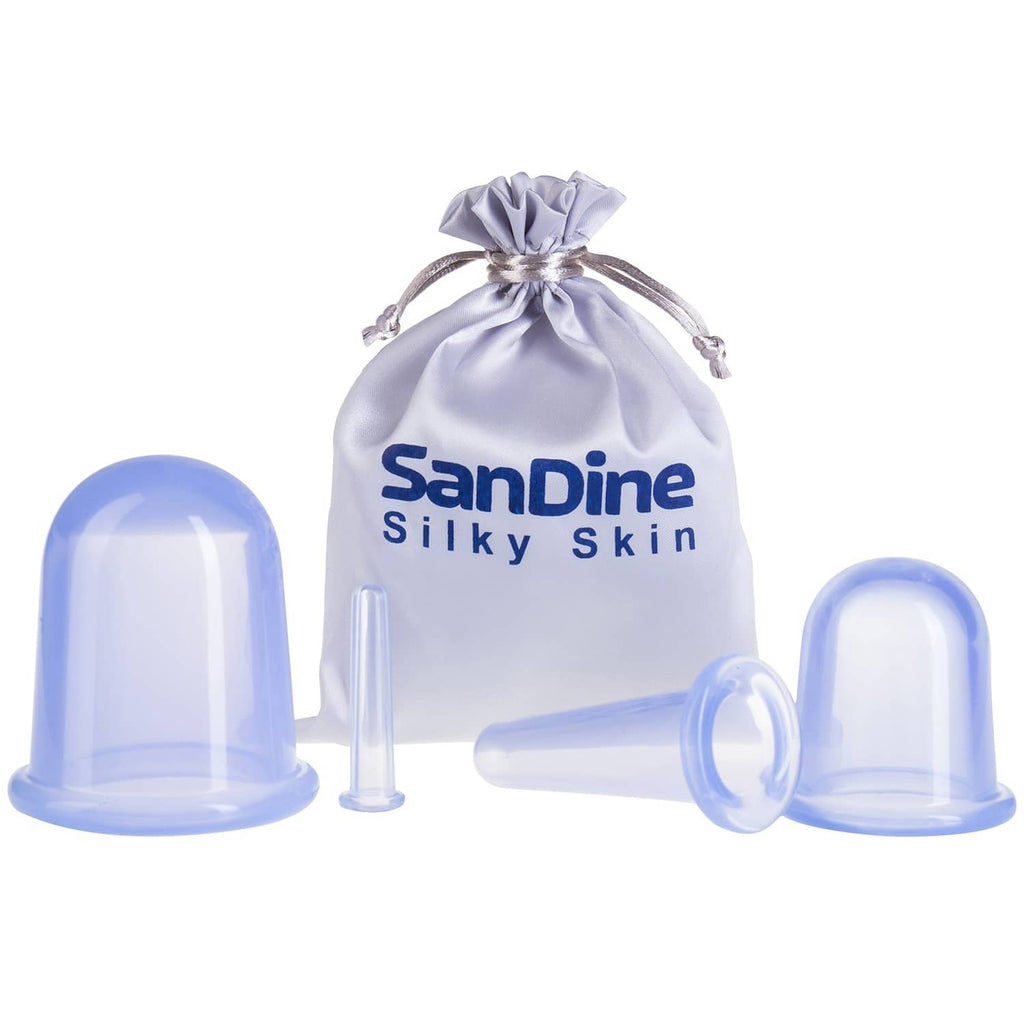 SanDine silicone face cupping set with blue suction cups, clear tubes, and drawstring pouch