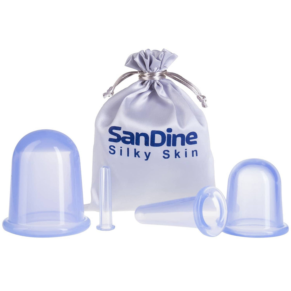 SanDine silicone face cupping set with blue suction cups, clear tubes, and drawstring pouch