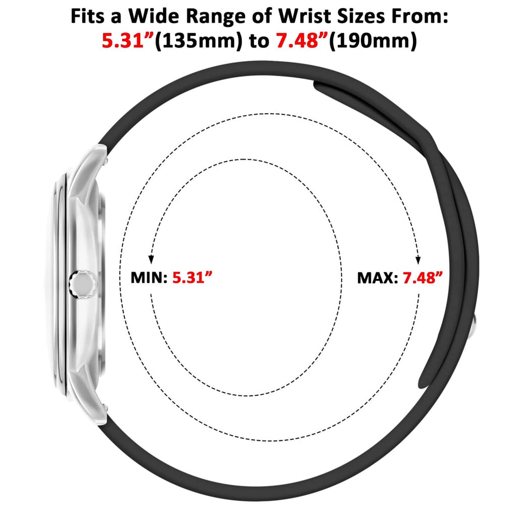 Waterproof nurse watch with black silicone strap, shown for 5.31–7.48 in wrist fit range