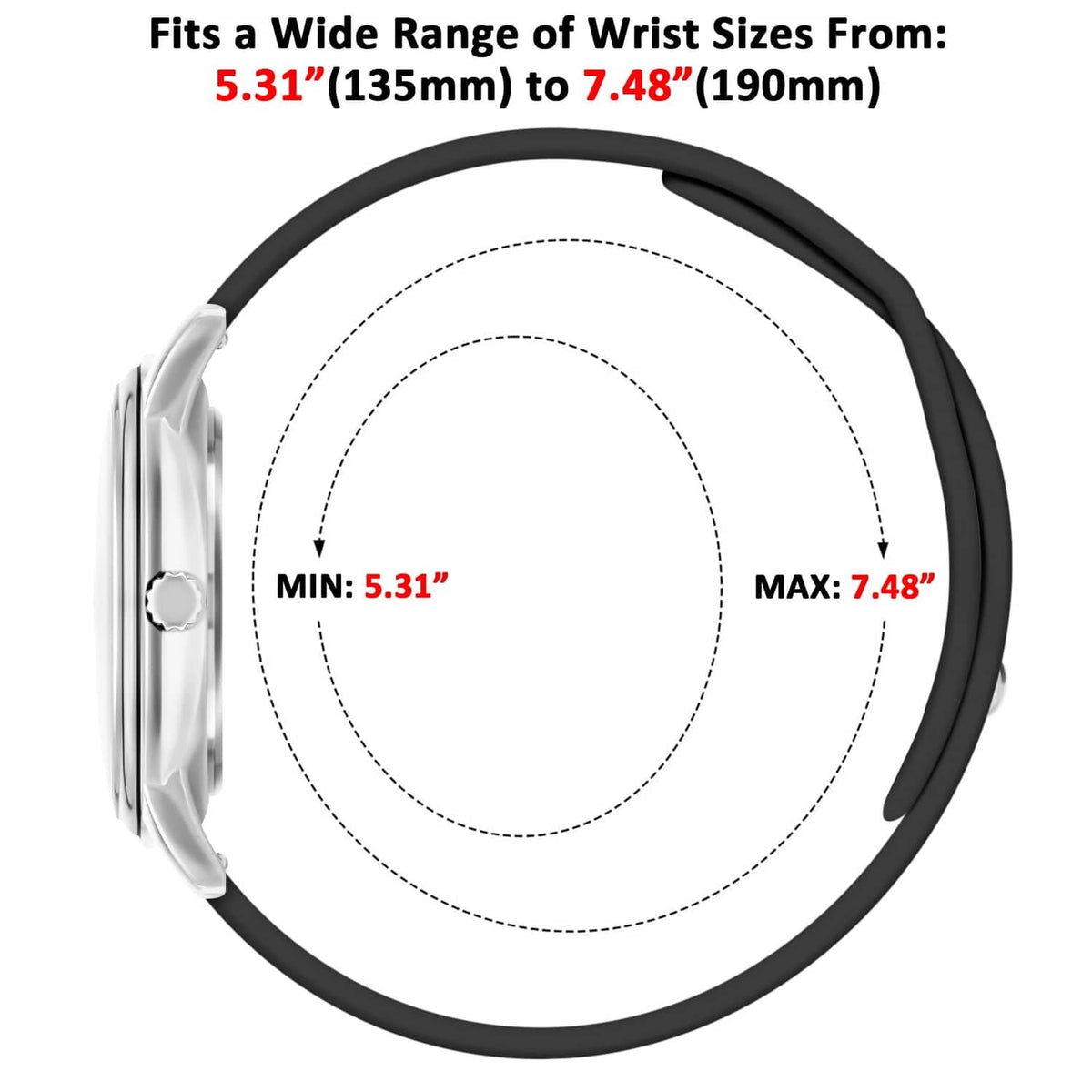 Waterproof nurse watch with black silicone strap, shown for 5.31–7.48 in wrist fit range
