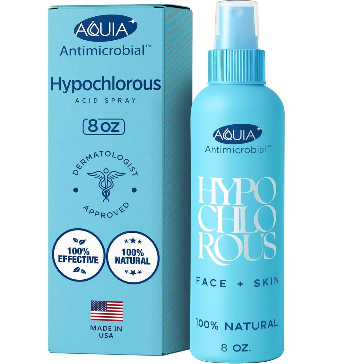 Hypochlorous acid face and skin spray bottle with 8 oz blue carton package