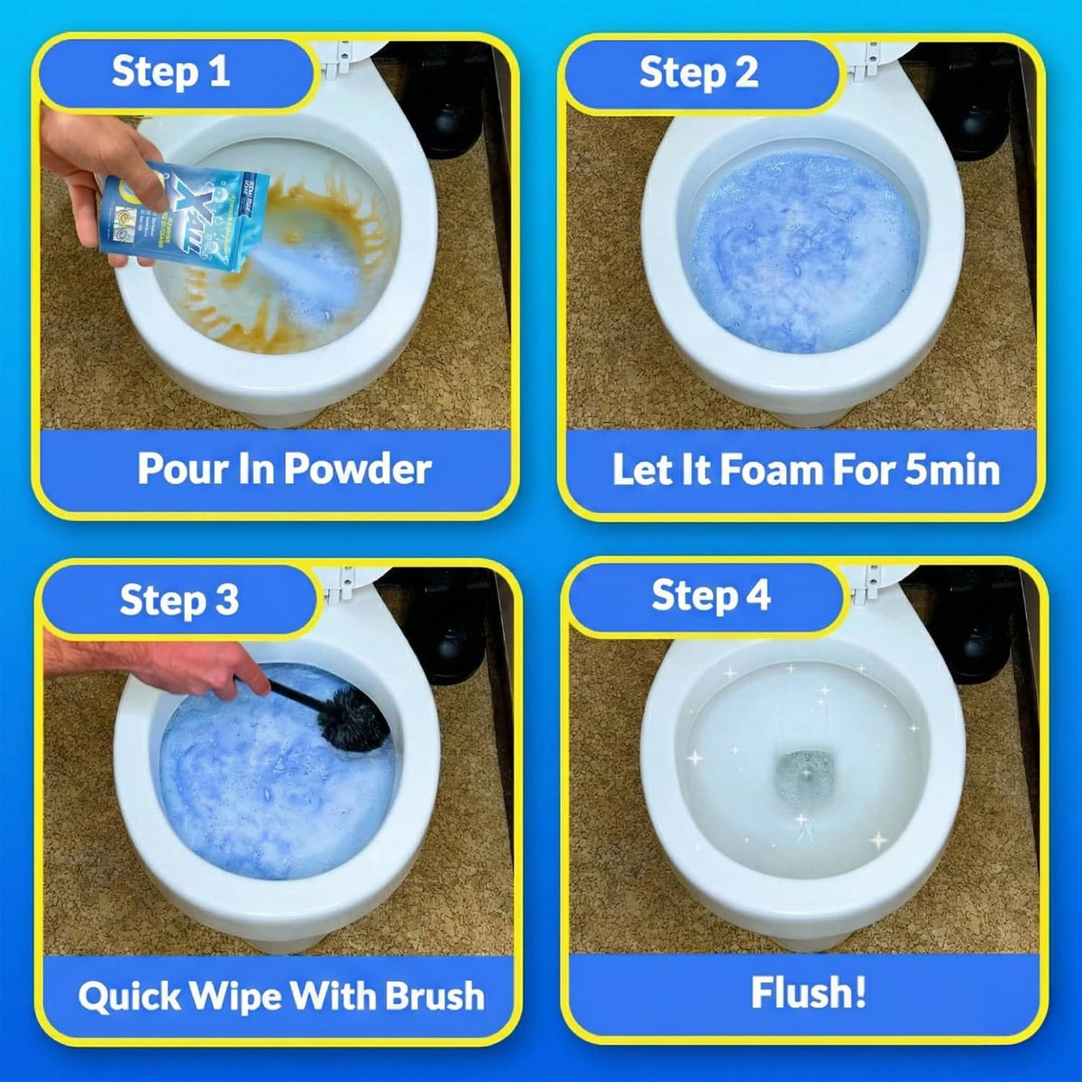 Foaming toilet cleaner steps on toilet bowl: pour powder, foam, wipe, flush