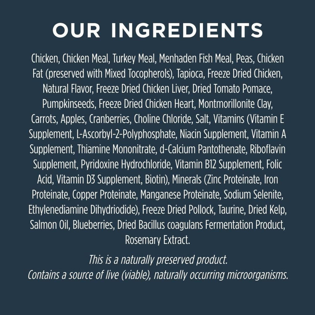 Dry cat food ingredient list with freeze-dried chicken and other supplements