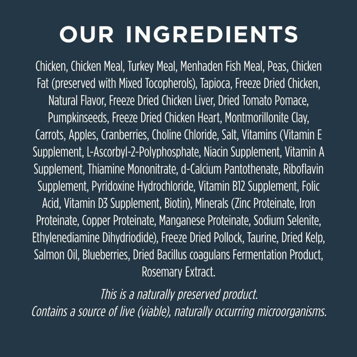 Dry cat food ingredient list with freeze-dried chicken and other supplements