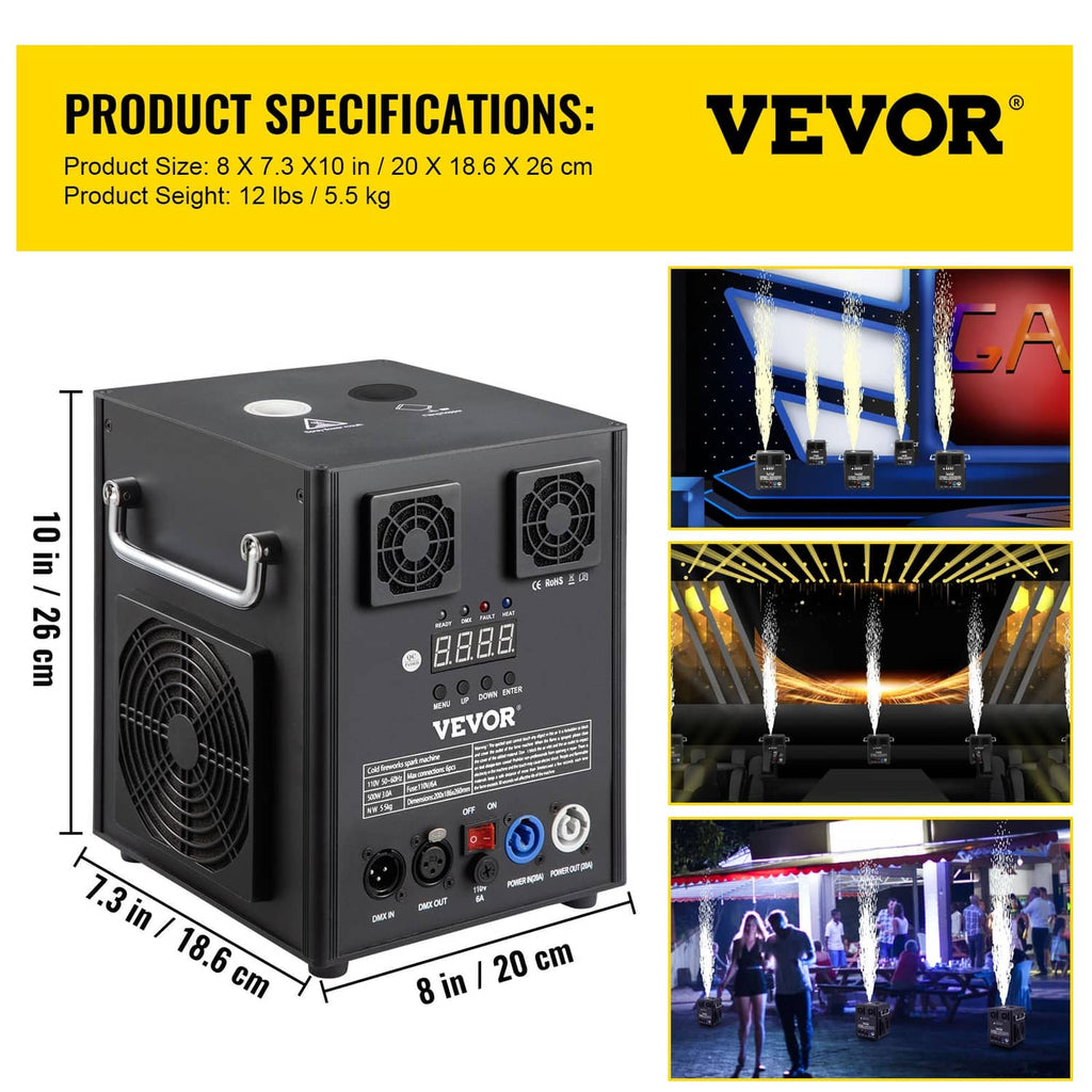 Cold spark machine with VEVOR branding, two side handles, and front fan vents