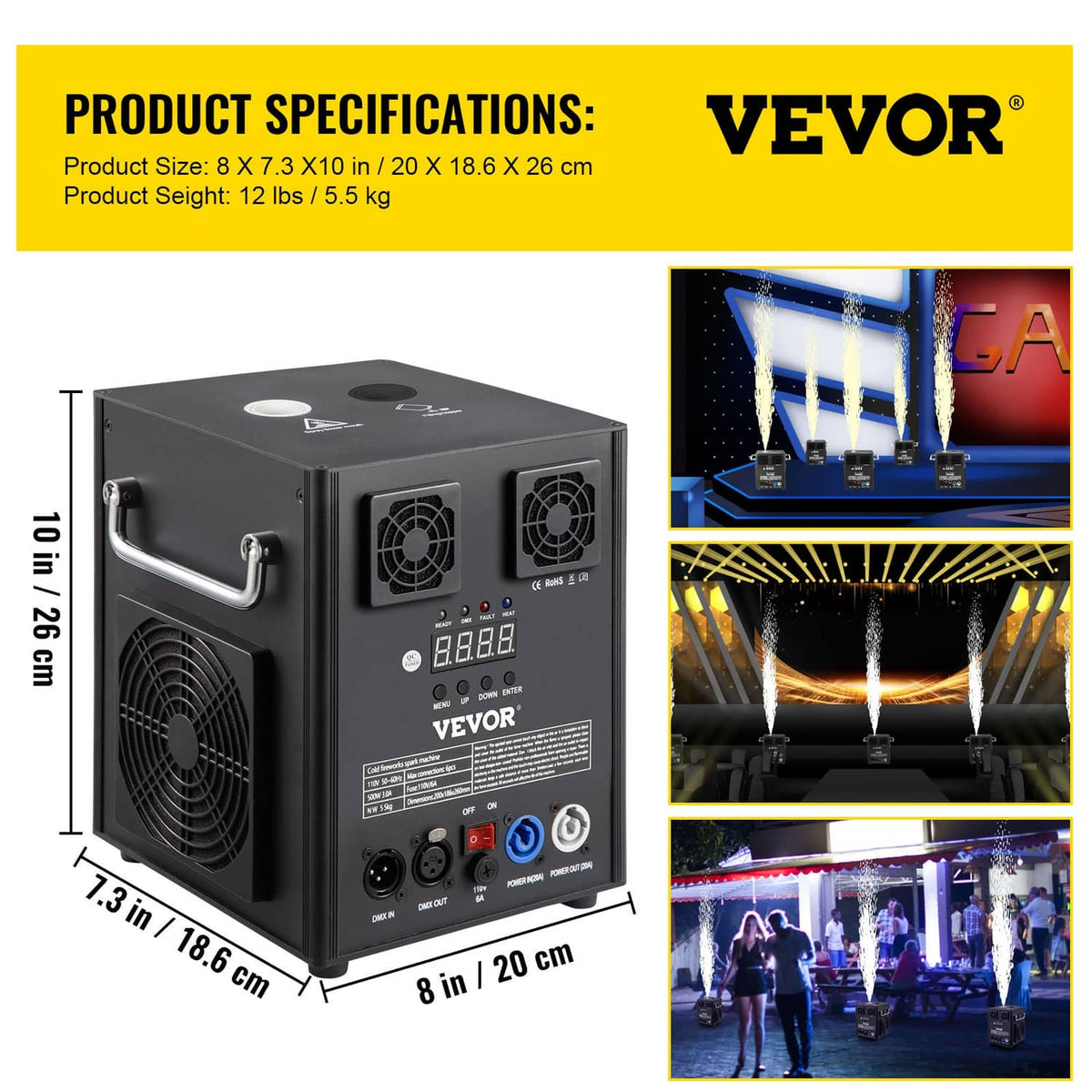 Cold spark machine with VEVOR branding, two side handles, and front fan vents