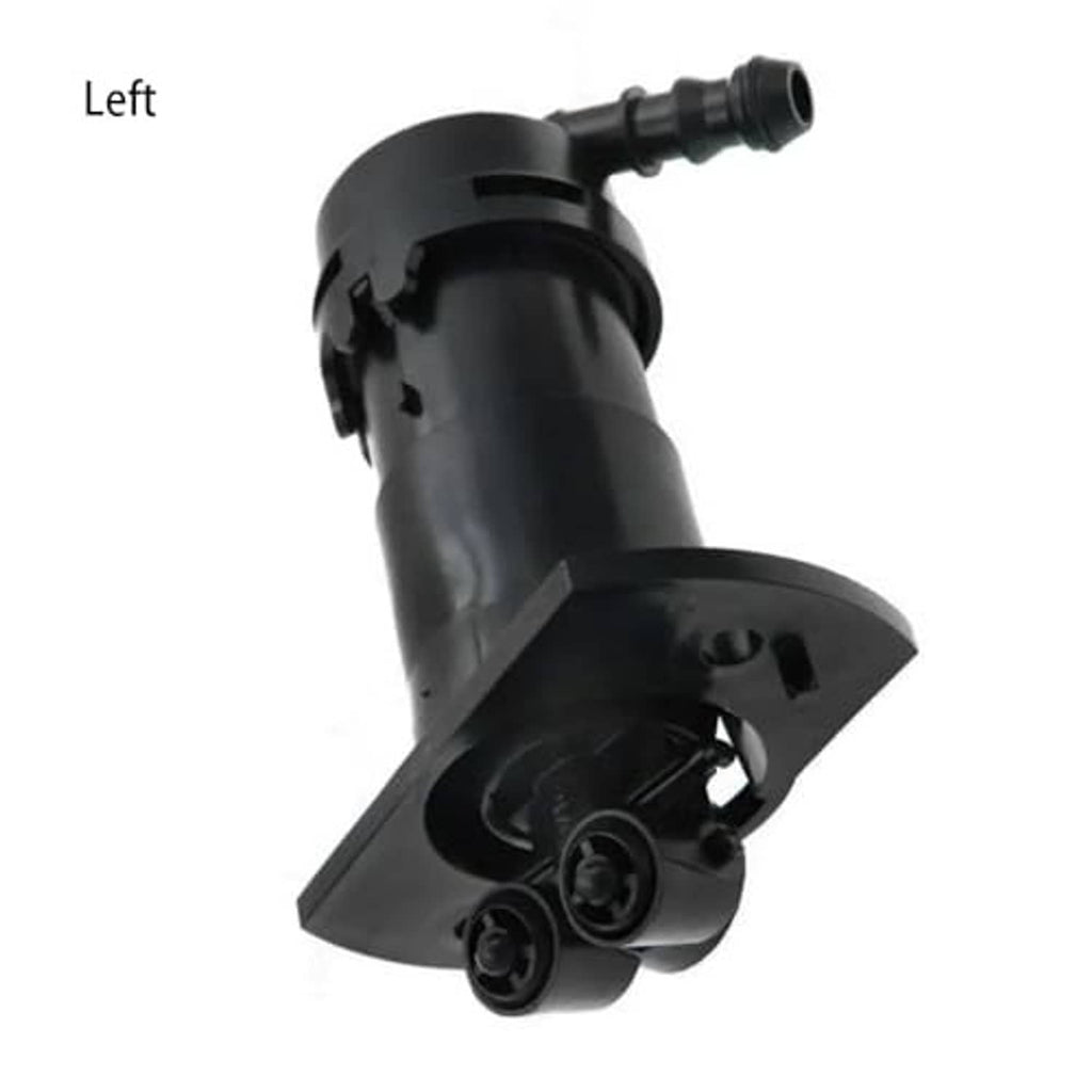 Left headlight washer nozzle sprayer assembly, black plastic with two round spray jets