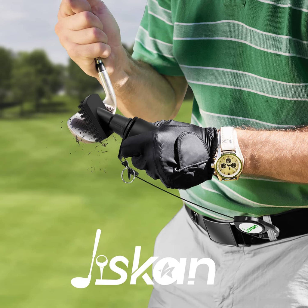 Hand scrubbing a golf club using a black cleaning brush and squeeze bottle