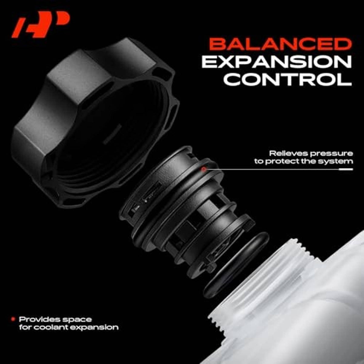 Black pressure control cap and seal components with partial white coolant reservoir