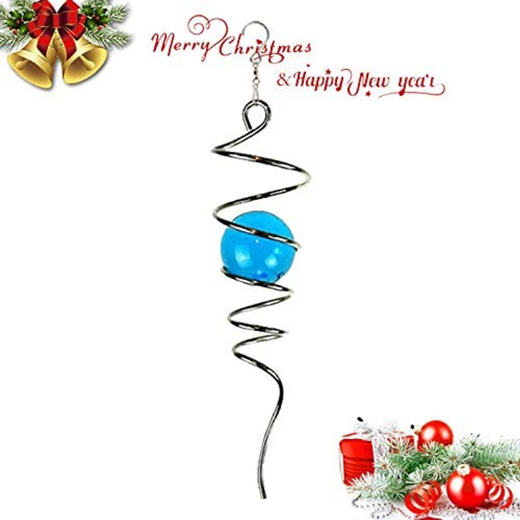 Blue gazing ball spiral wind spinner with metal helix tail and hanging loop