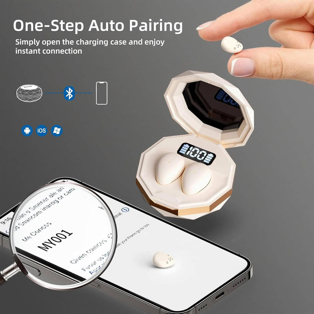 Open charging case with white earbuds and a smartphone for instant pairing