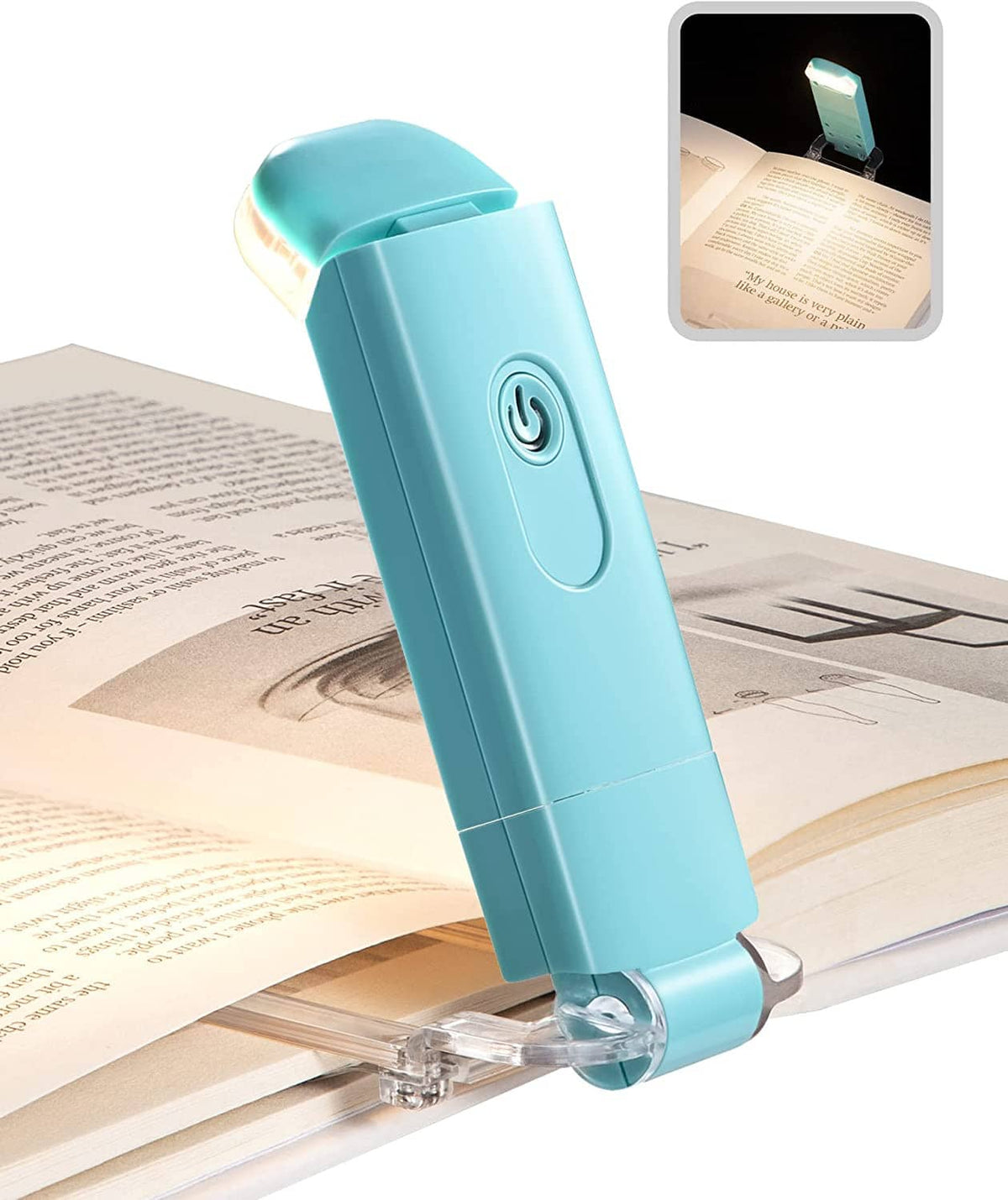 Turquoise clip-on LED book light mounted on open book, bright top light bar.