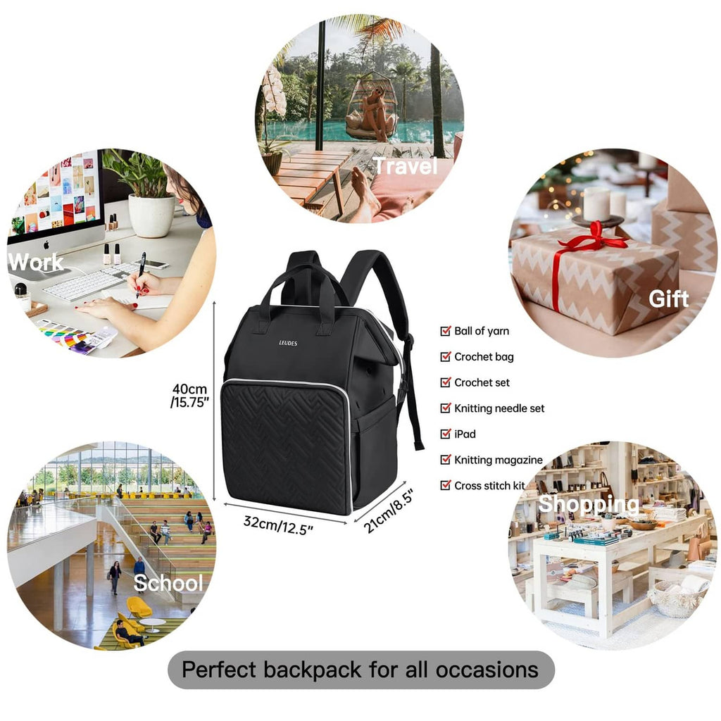 LEUDES black yarn storage backpack with front zip organizer panel for needles and yarn