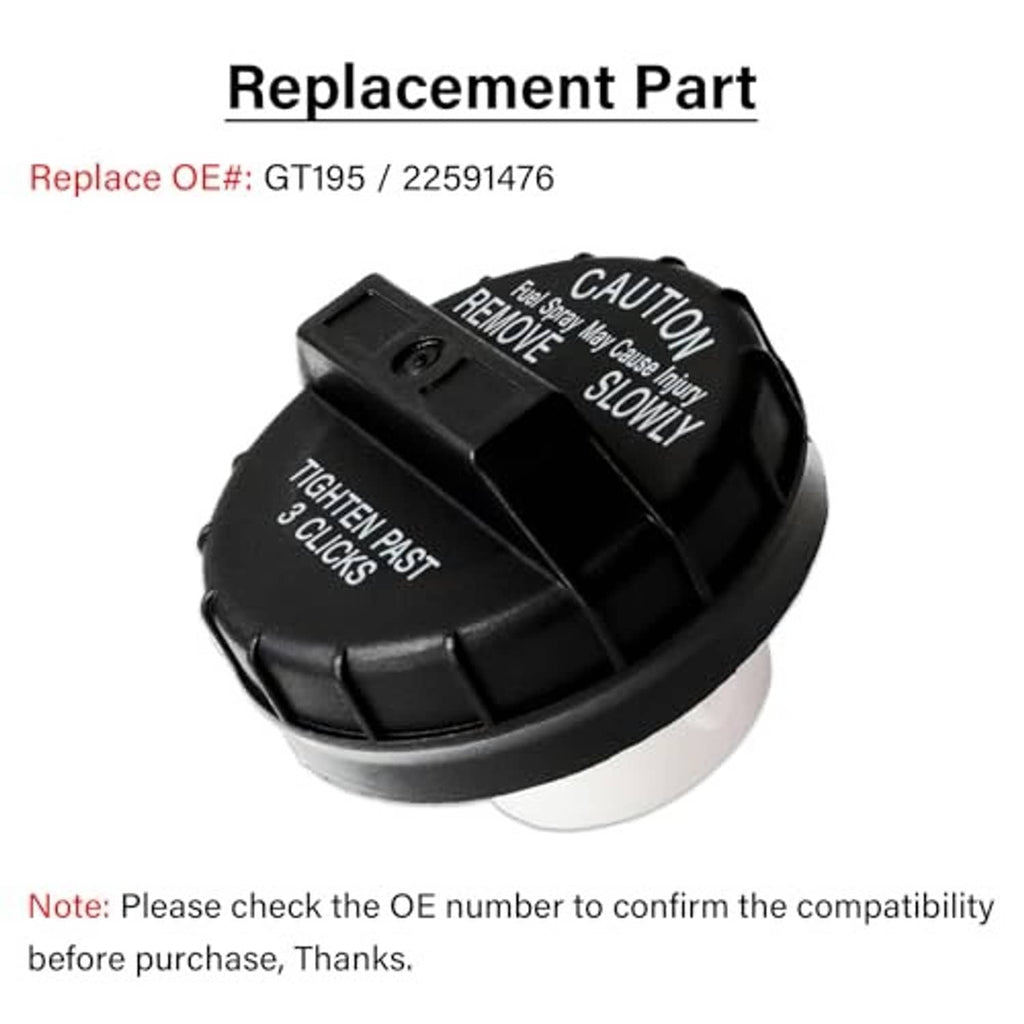 Replacement fuel gas cap with “Replace OE: GT195 / 22591476” and caution “REMOVE SLOWLY” text