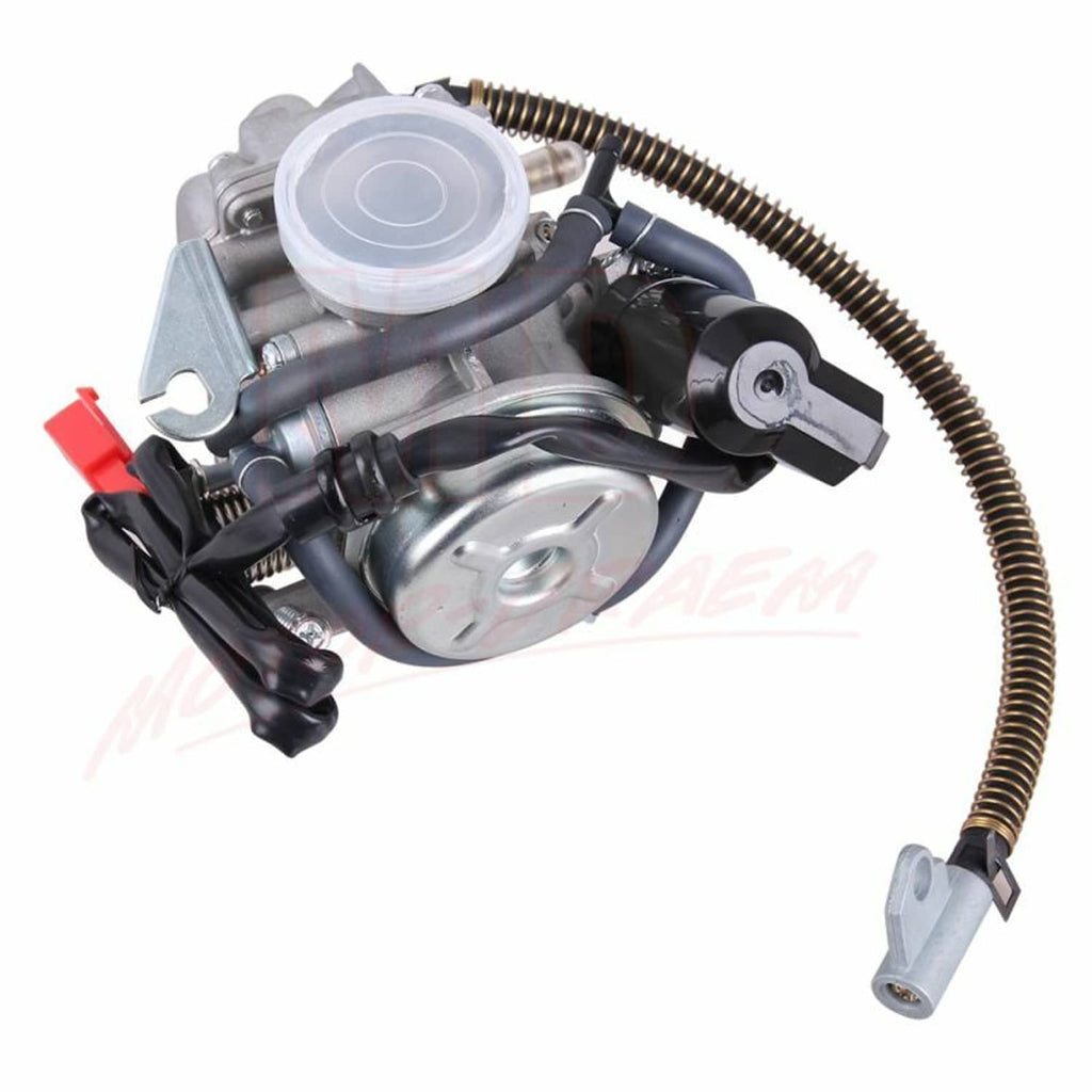 Carburetor with clear diaphragm cover, black hoses, and metal mounting bracket
