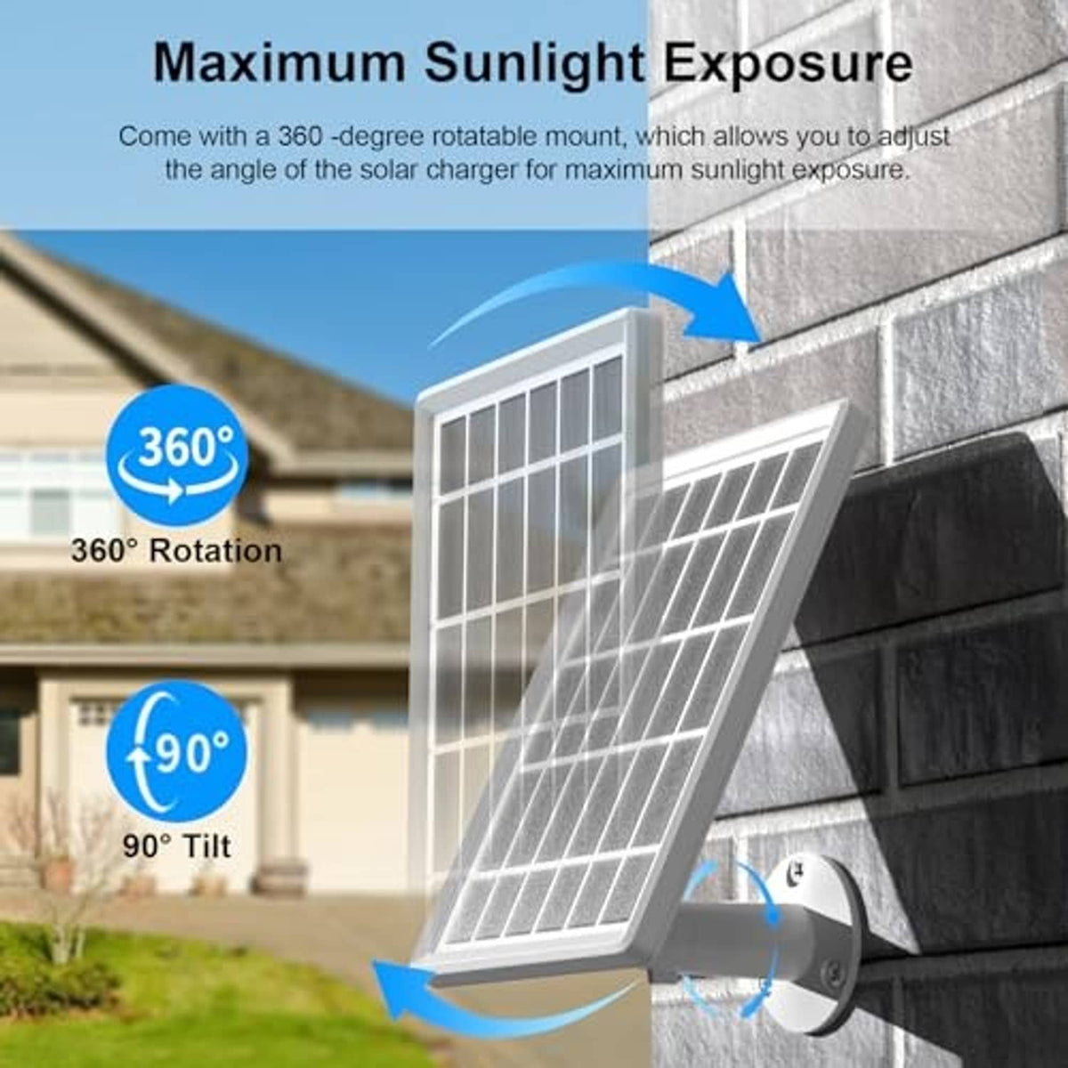 Tilting solar panel charger with wall bracket and connected power cable