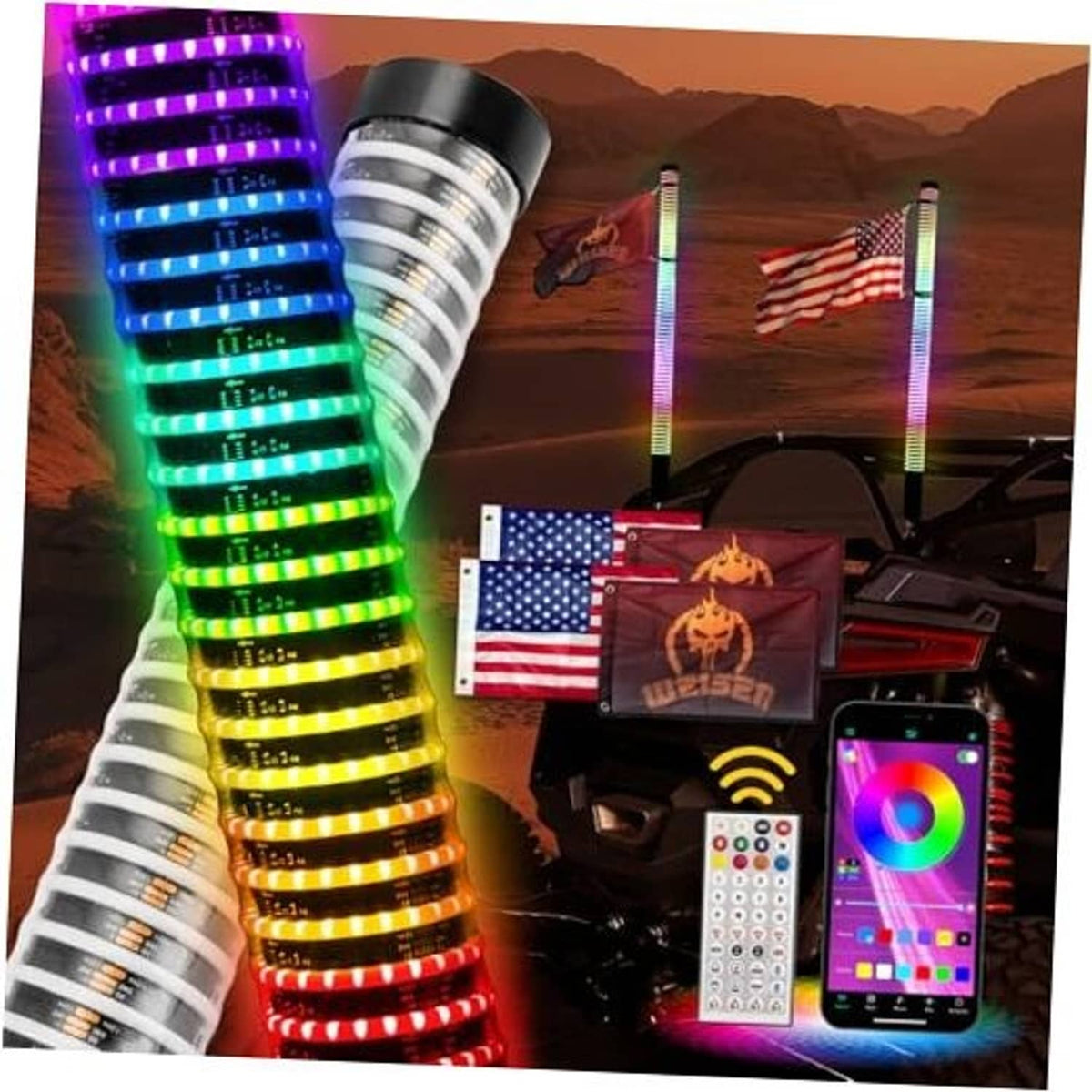 RGB spiral whip light bulbs with two long light tubes and a mobile color remote