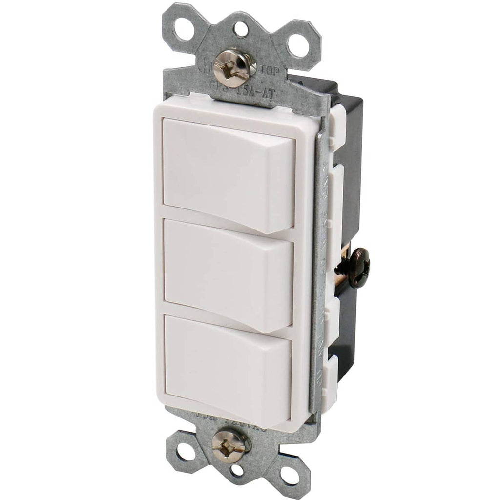 Triple rocker light switch with white rocker buttons and metal mounting bracket