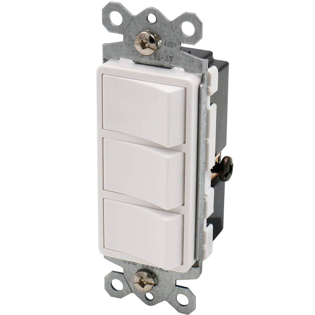 Triple rocker light switch with white rocker buttons and metal mounting bracket
