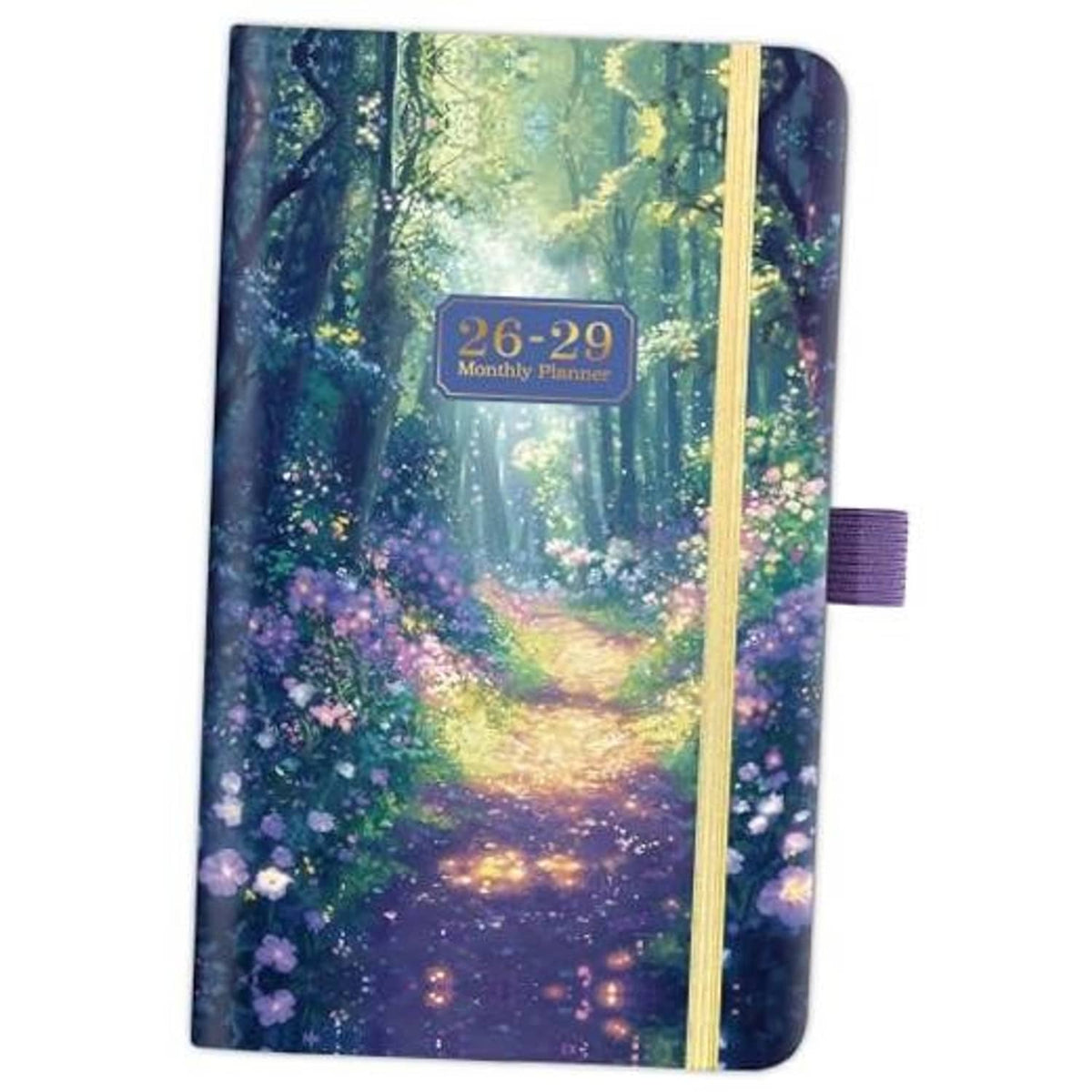 Pocket calendar 2026-2029 with purple forest artwork, “26-29” label, and yellow spine