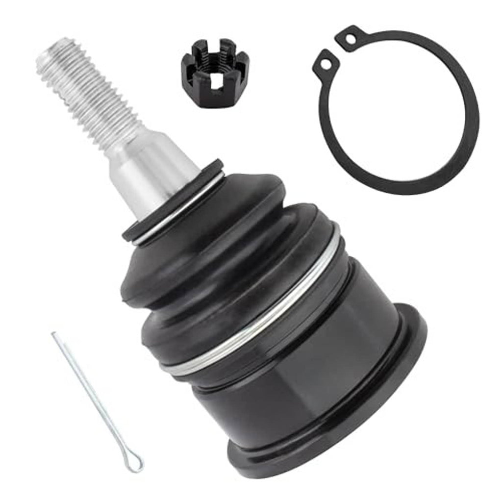 Front ball joint with black rubber boot, threaded stud, snap ring and installation clip