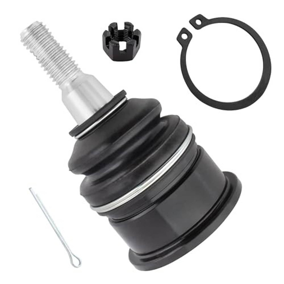 Front ball joint with black rubber boot, threaded stud, snap ring and installation clip