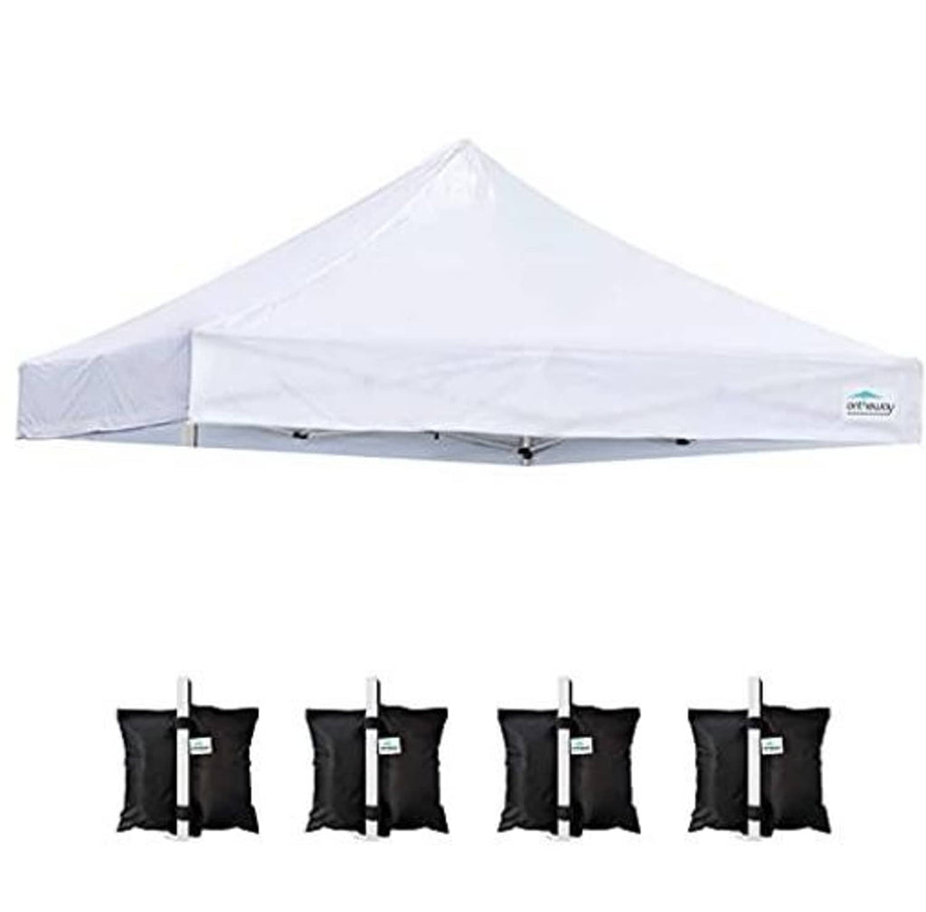 White pop-up tent canopy top with multiple tie loops and included components