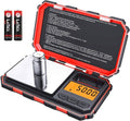 Compact red digital kitchen scale with backlit LCD display and weighing platform