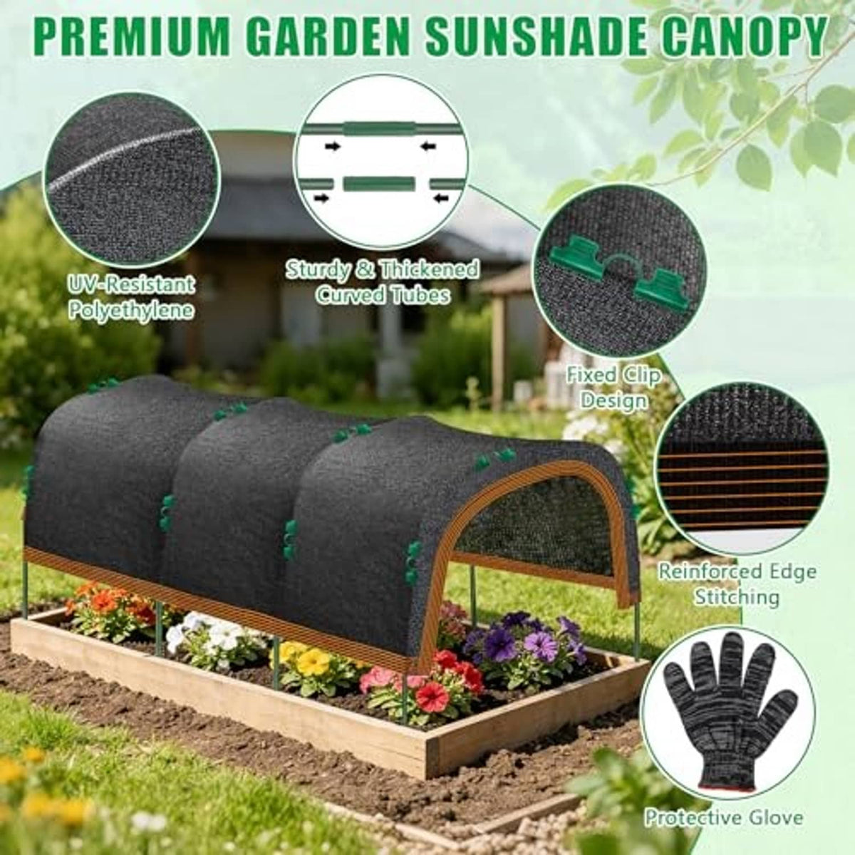 Dark gray garden sunshade canopy with orange-trim handle, green clips, and reinforced edge