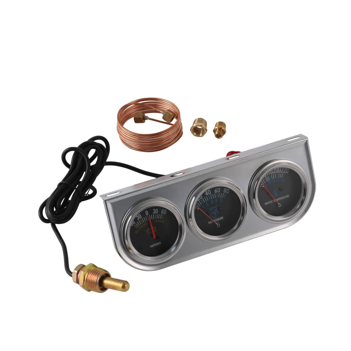 Chrome triple gauge set with black leads and copper tubing loop plus small fittings