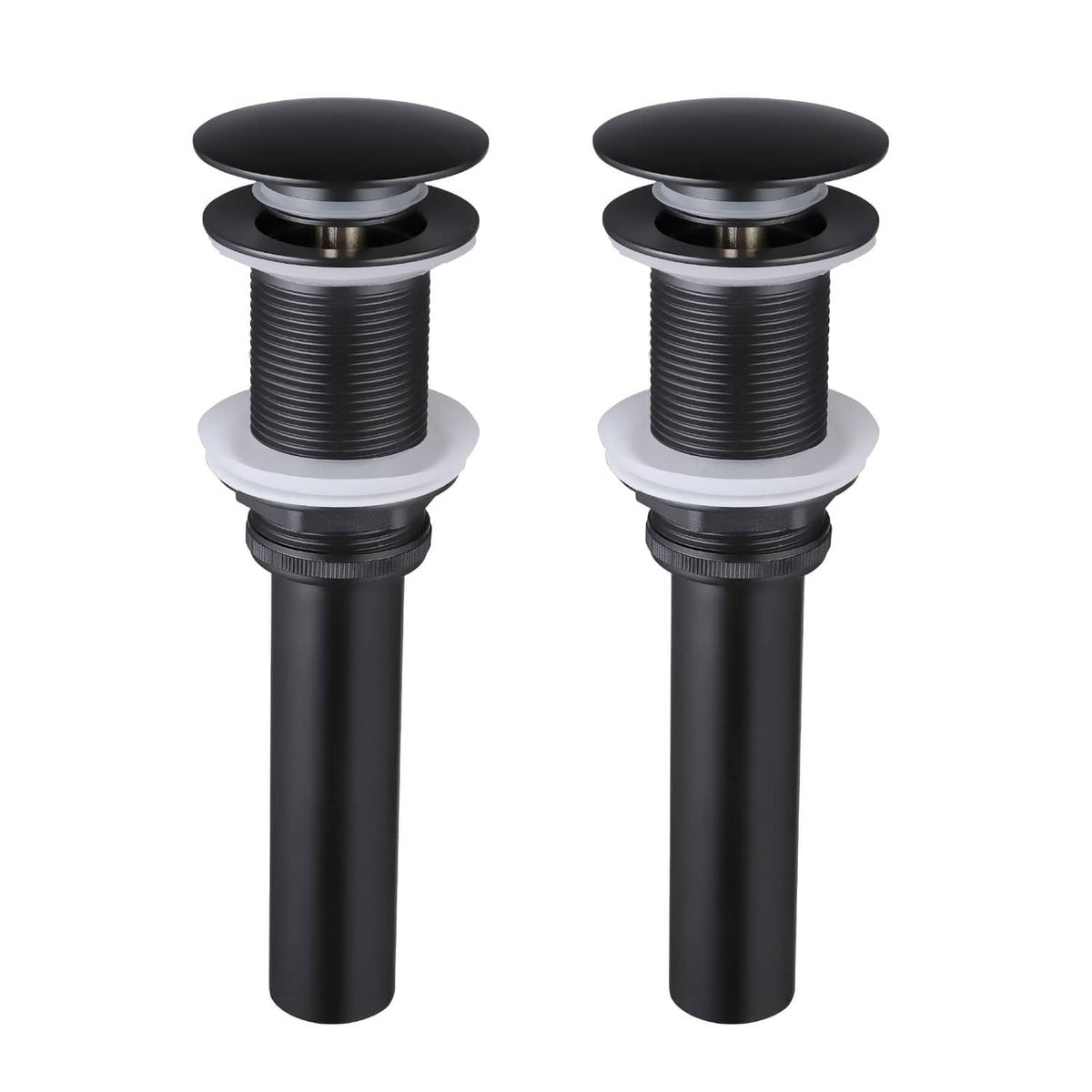 Matte black pop-up sink drain stopper without overflow, with threaded drain body