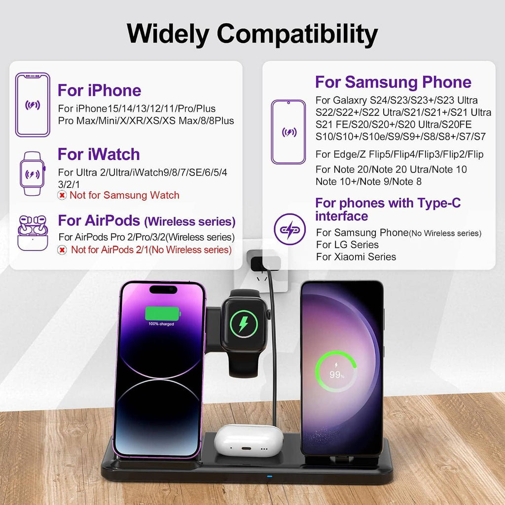 4-in-1 wireless charger dock with phone, smartwatch, and earbuds charging on foldable stand