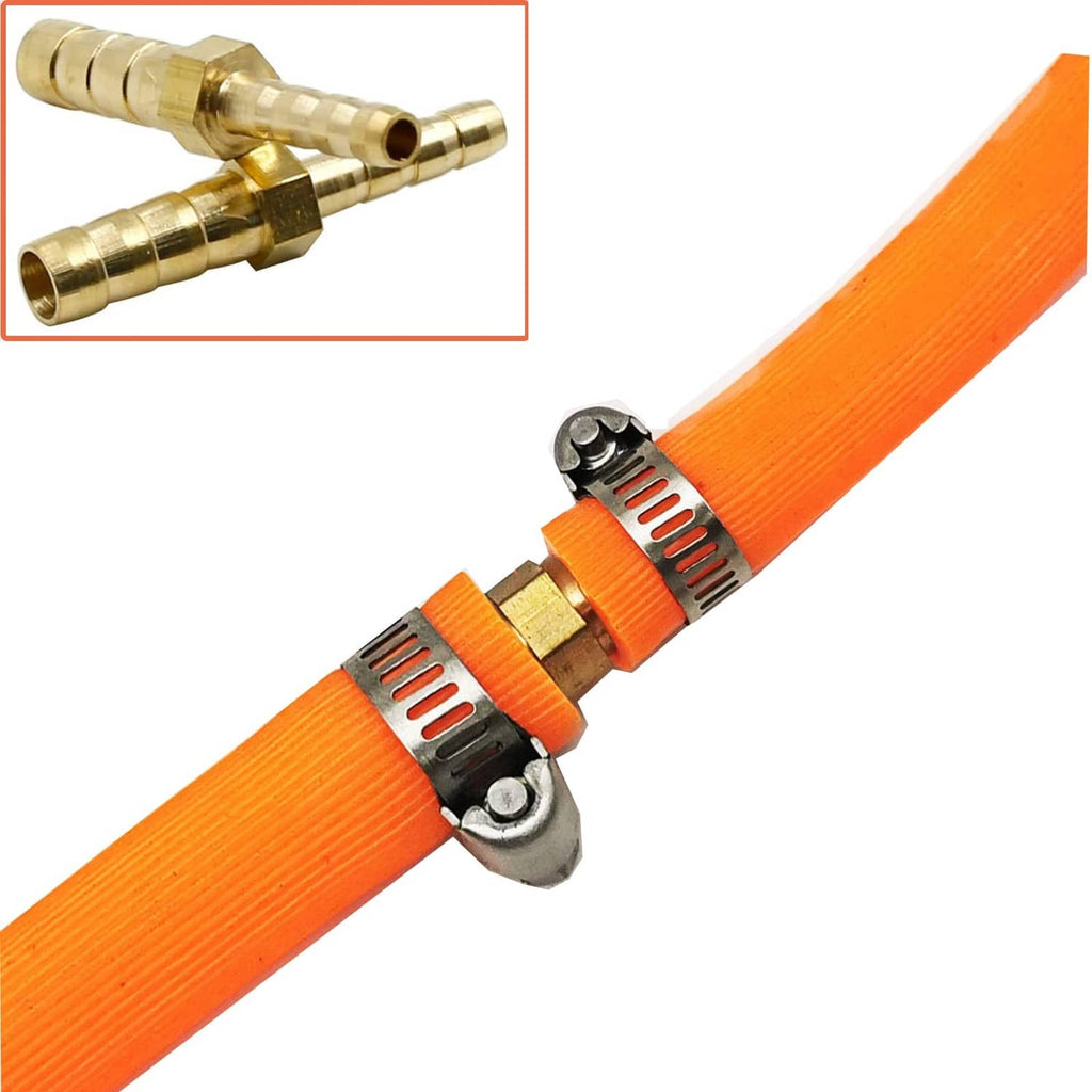 Brass hose barb fitting with two clamps on orange garden hose