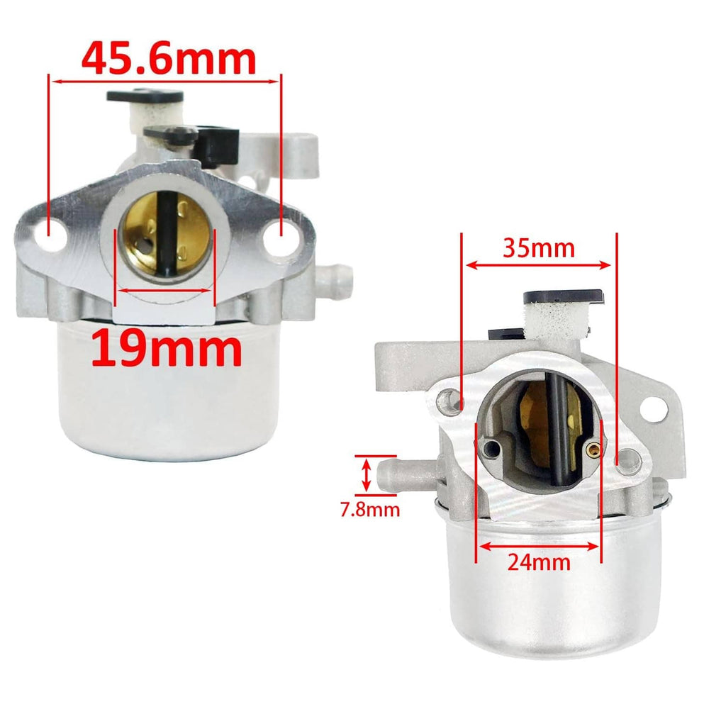 Carburetor replacement with round air inlet and side mounting flange, front and angled view