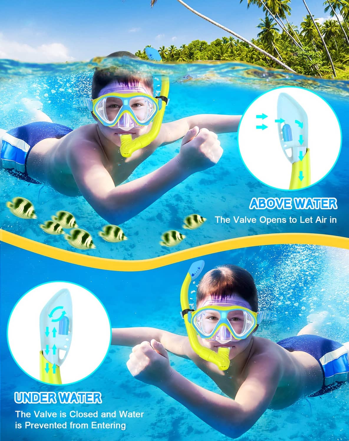 Kids yellow and blue snorkeling mask and snorkel tube on a child underwater