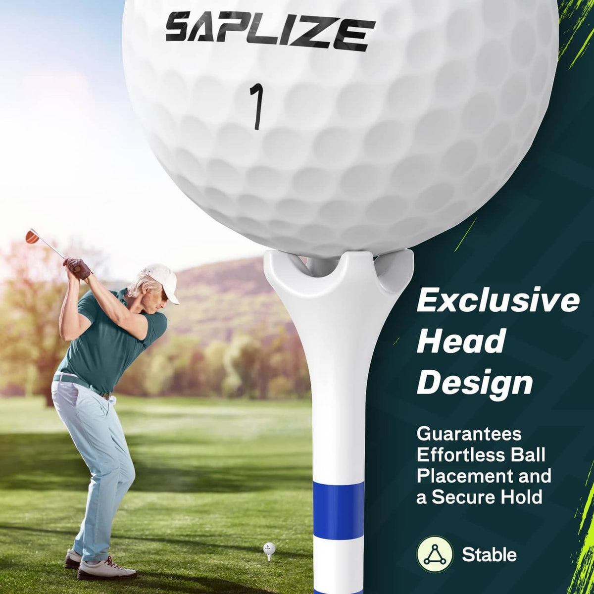 SAPLIZE golf tee close-up with exclusive head design; white head and blue-striped shaft
