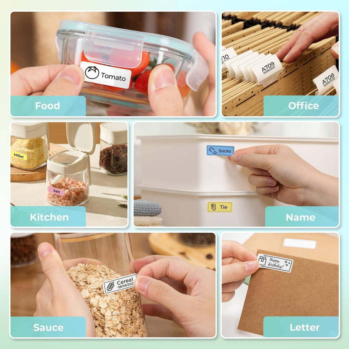Hand applies printed labels from a black Bluetooth label maker to food and storage items.