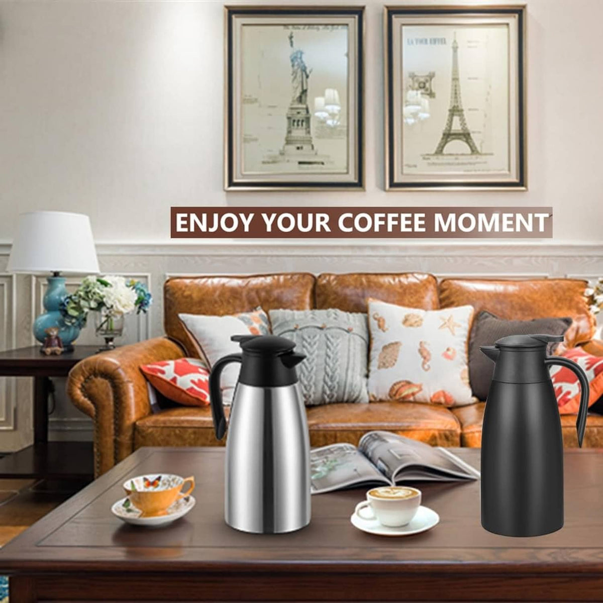 Black thermal coffee carafes on living room coffee table with cups