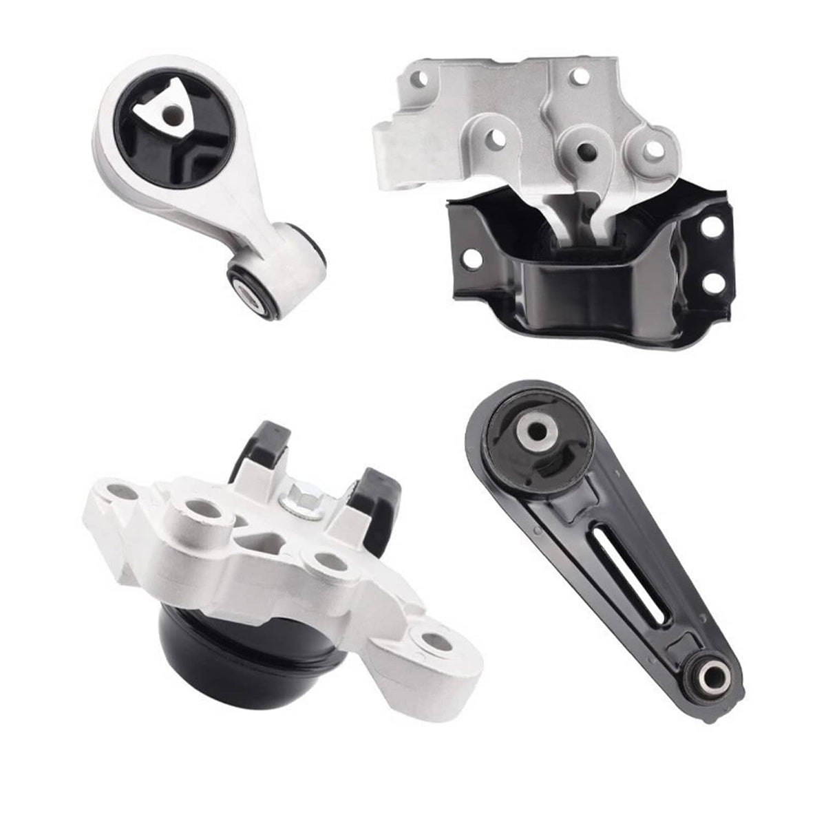 Mounts set with silver control arms, black isolators, and round rubber bushings