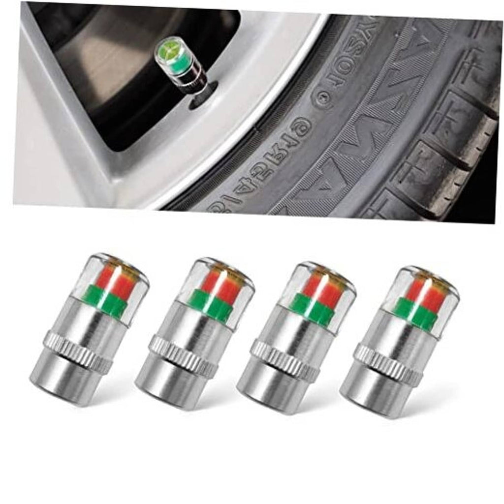 Set of 4 silver tire valve stem caps with clear windows and red/green color bands