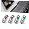 Set of 4 silver tire valve stem caps with clear windows and red/green color bands