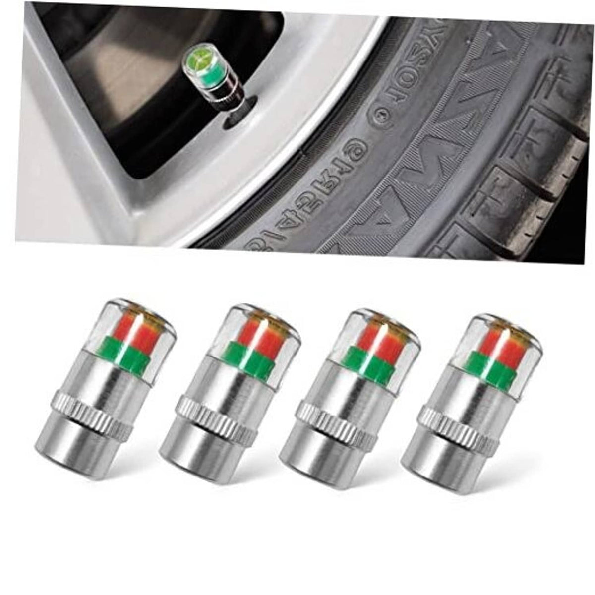 Set of 4 silver tire valve stem caps with clear windows and red/green color bands