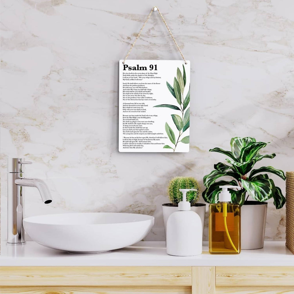 Psalm 91 scripture wall art with green leaf border, hanging by rope and top hook