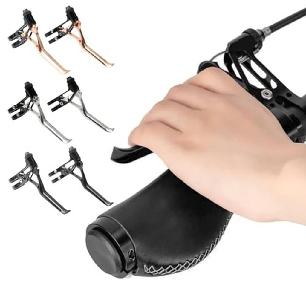 Black bicycle brake lever with textured rubber grip held by a hand