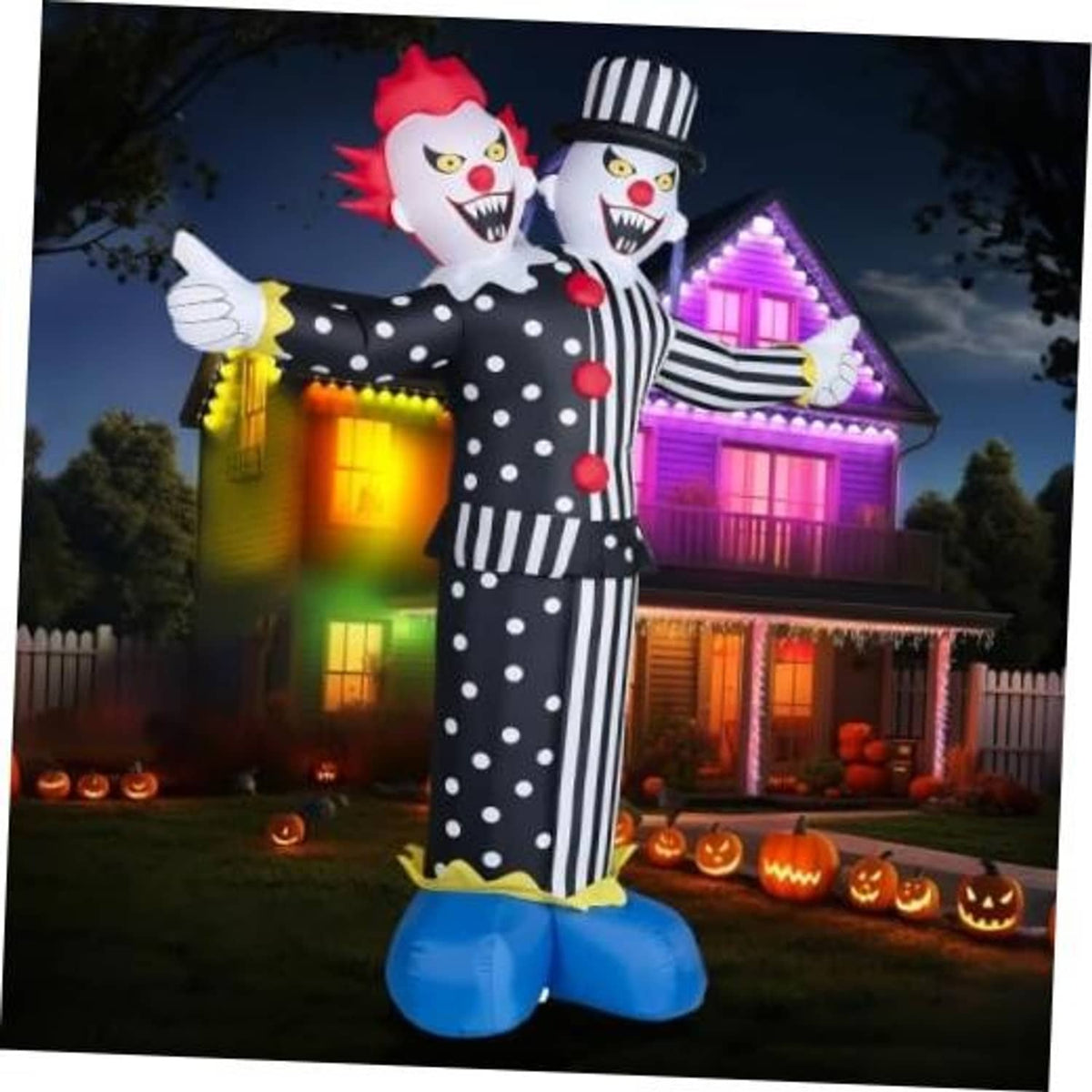 8-ft inflatable two-headed clown decor in black-and-white striped suit with blue base