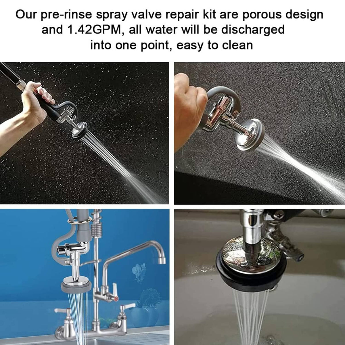 Pre-rinse sprayer valve repair kit showing spray pattern through valve face