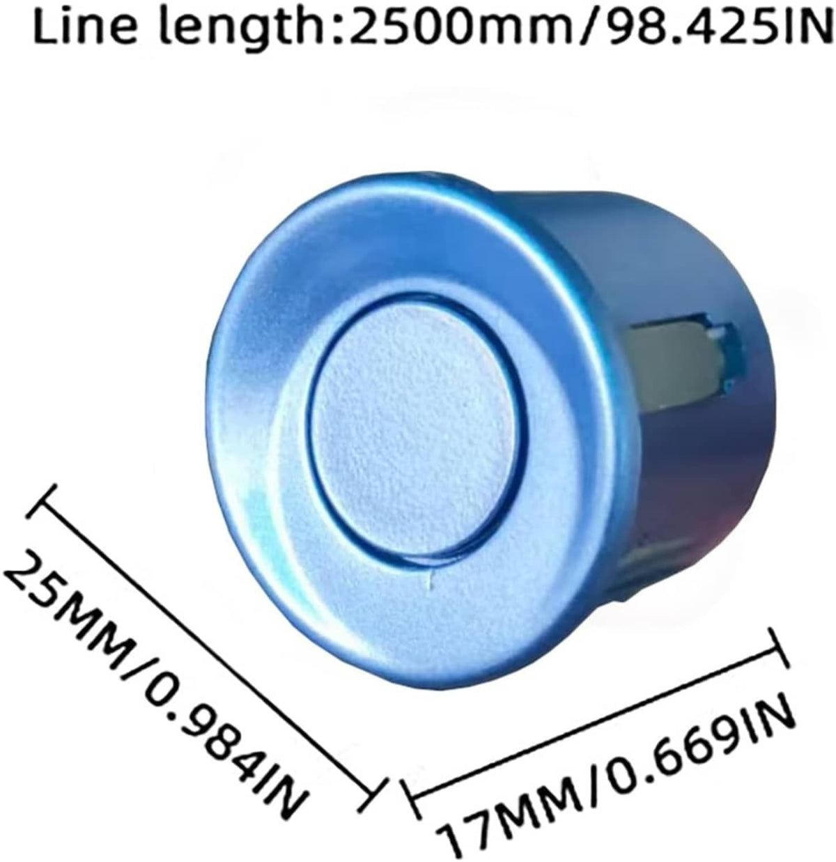 Blue ultrasonic parking sensor with round face, with line-length and size indicators
